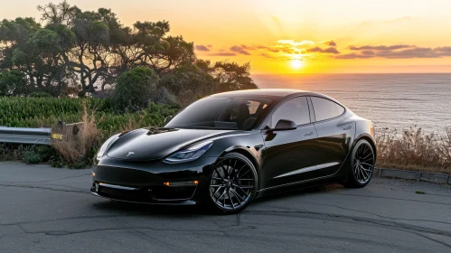 Black Tesla Model 3 on Cliffside Road at Sunset
