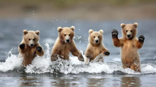 Brown Bear Cubs Playing in Water - Wildlife Fun