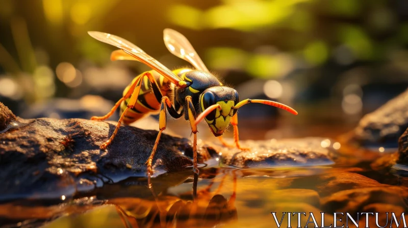Close-up Black and Yellow Wasp on Wet Rock by Puddle AI Image