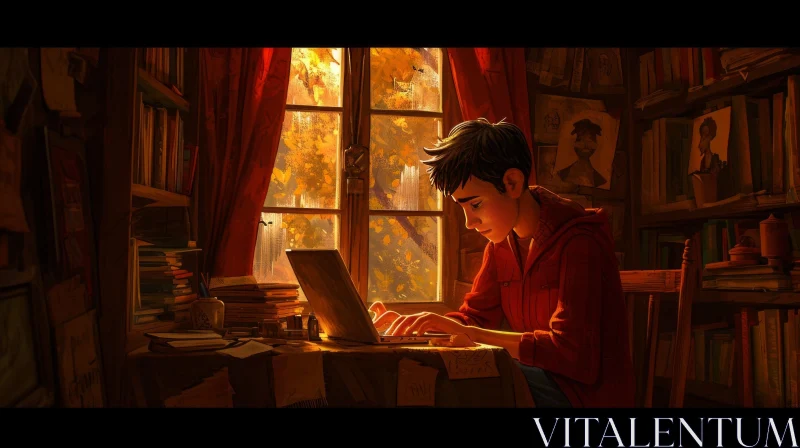 Cozy Room Digital Painting: Young Man Typing on Laptop in Comfortable Setting AI Image