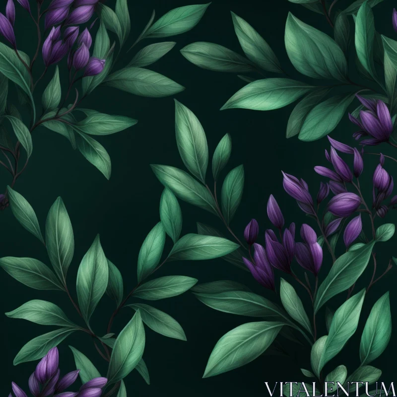 Dark Green Leaves and Purple Flowers Seamless Pattern AI Image