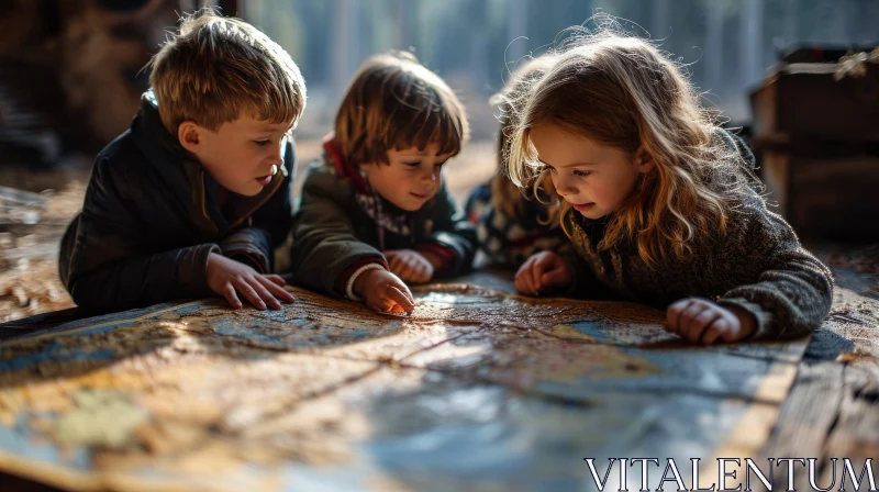 Enchanting Moment: Children Exploring a Map in a Forest AI Image