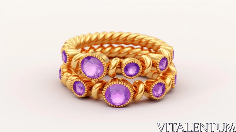 AI ART Exquisite Gold Ring with Purple Gemstones - 3D Rendering Illustration