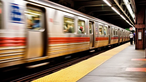 Fast-Moving Subway Train at Station