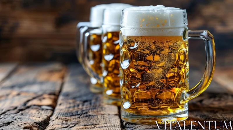 Full Beer Mugs on Wooden Table - Traditional Design AI Image