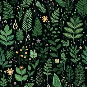 Green Floral Seamless Pattern on Black Background