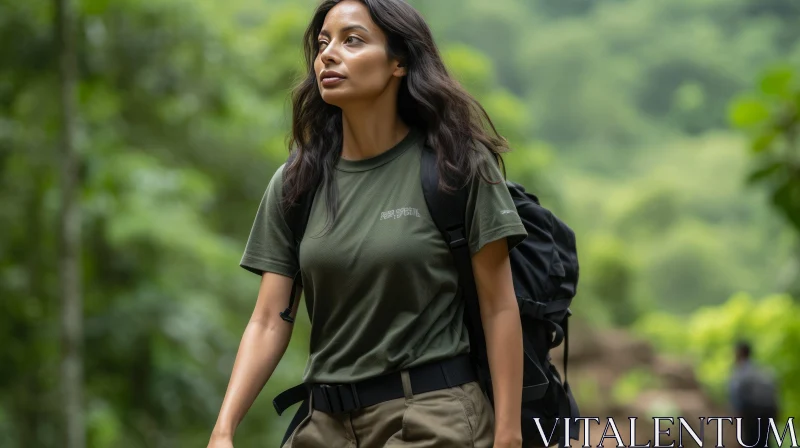 AI ART Green Jungle Hiking - Woman with Backpack