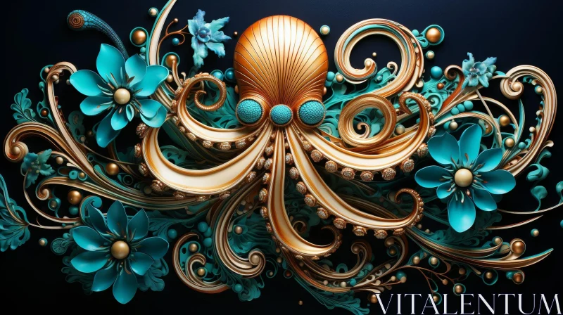 AI ART Luxurious Gold and Turquoise Octopus in Nature Wonderland