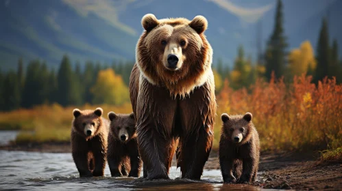 Majestic Family of Brown Bears in Forest River