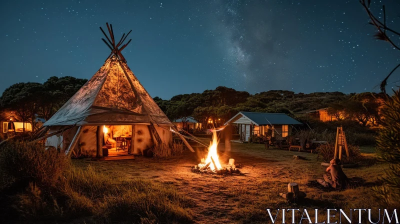 Majestic Teepee Tent and Enchanting Bonfire Under a Starry Night Sky AI Image