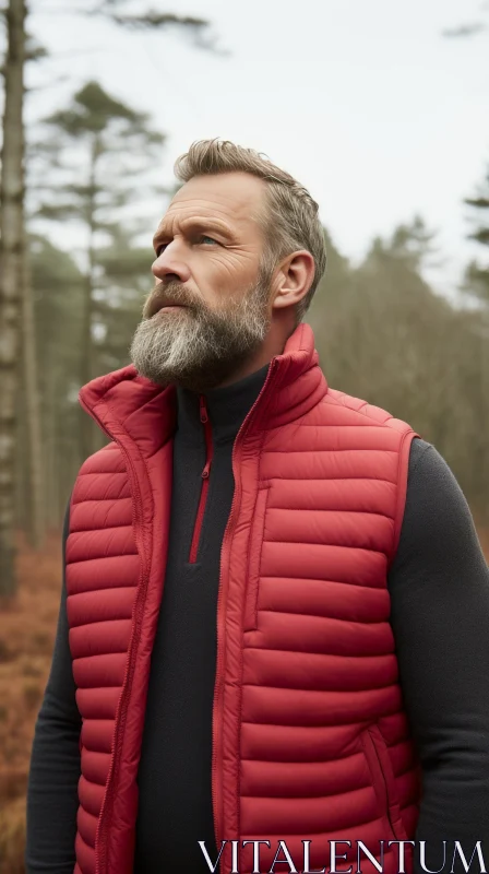 Man in Red Puffer Vest Standing in Forest AI Image