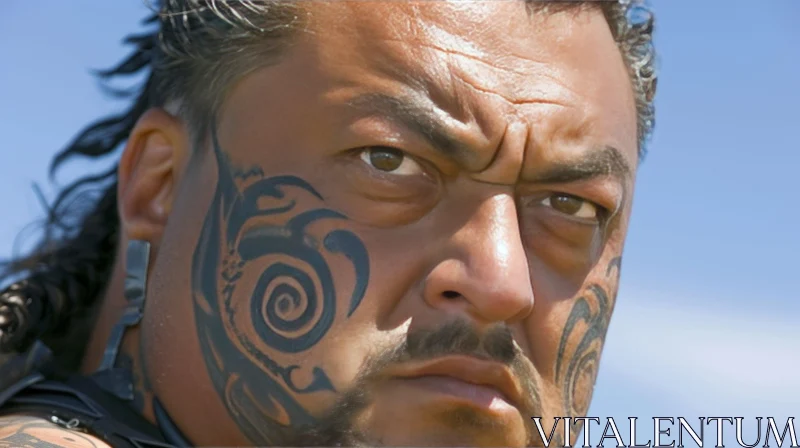 Maori Man Portrait: Traditional Facial Tattoo and Serious Expression AI Image