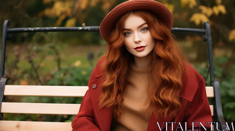 Red-Haired Woman Sitting on Park Bench AI Image
