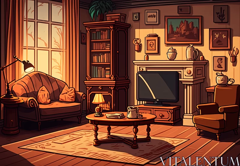 Romanticized Cartoon Living Room with Golden Light AI Image