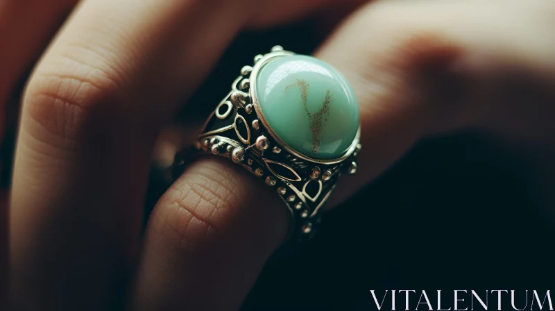 AI ART Silver Ring with Green Stone - Handheld Jewelry Photo