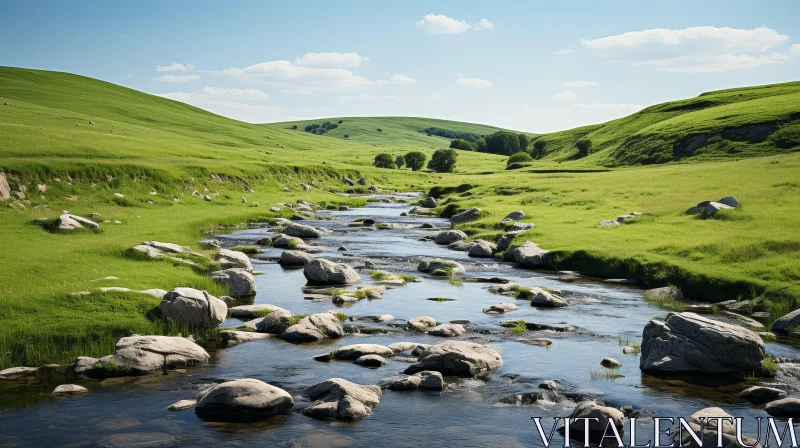 Tranquil River Landscape in Green Valley AI Image