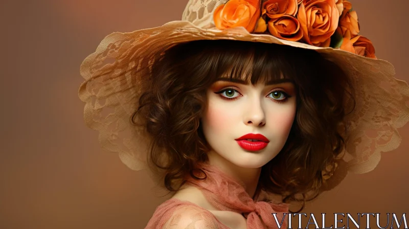 Vintage Woman in Beige Lace Hat with Orange Roses AI Image