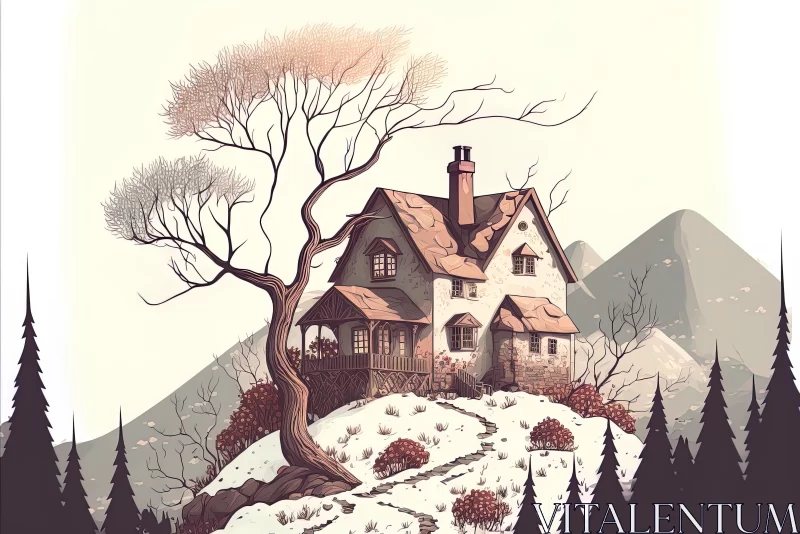 Whimsical Cartoon House and Trees on Hill - Fairytale-Inspired Illustration AI Image