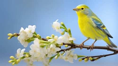 Yellow Bird on Blossoming Tree Branch