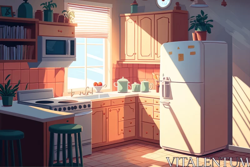 A Small Sunny Kitchen with Dreamlike Illustrations and Realistic Landscapes AI Image