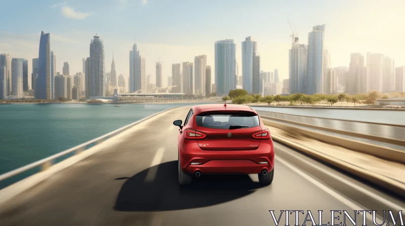 Captivating Red Car Artwork: BMW MI5 Driving Towards a City AI Image