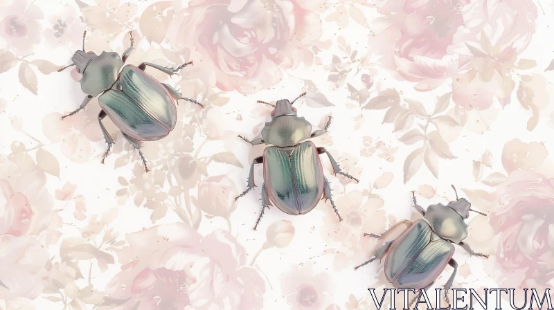 Close-up Beetles on Pink Floral Background AI Image