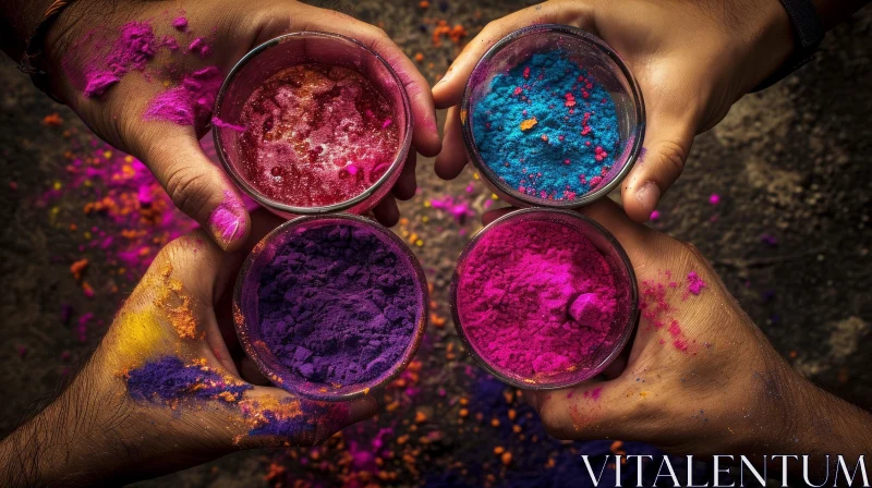 Colorful Powder Filled Glass Bowls Held by Four Hands AI Image