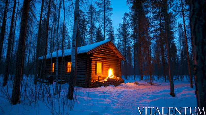 Cozy Wooden Cabin in Snowy Forest - Serene Atmosphere AI Image