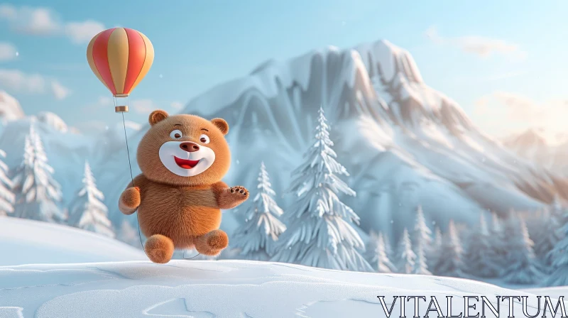 Cute Cartoon Bear in Snowy Winter Landscape AI Image