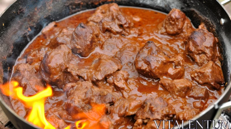 Delicious Beef Stew Cooking Over an Open Fire AI Image