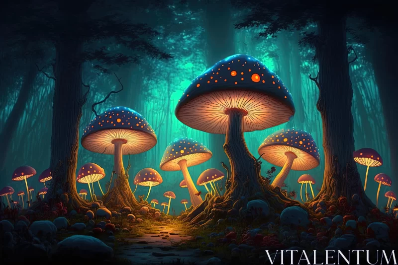 Hyper-Detailed Mushroom Illustration in Dark Forest at Night AI Image