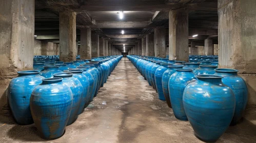 Mysterious Underground Cellar with Blue Ceramic Jars