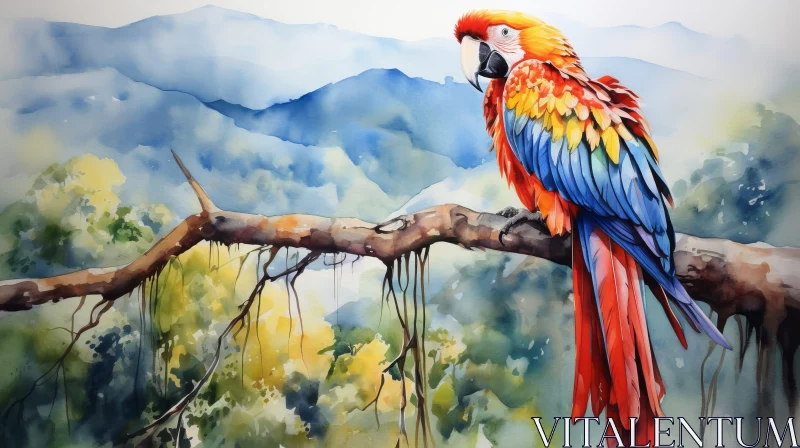 Parrot Watercolor Painting on Branch AI Image