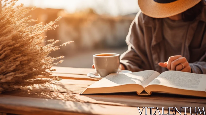 Woman Reading Book Outdoors with Coffee AI Image