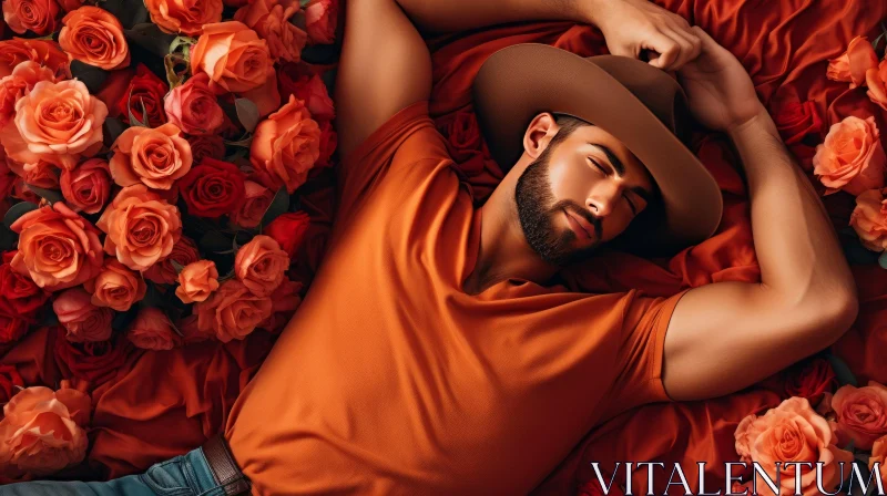 Young Man in Cowboy Hat on Rose Bed AI Image