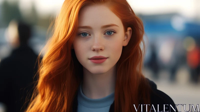 Young Woman Portrait with Red Hair and Blue Eyes AI Image