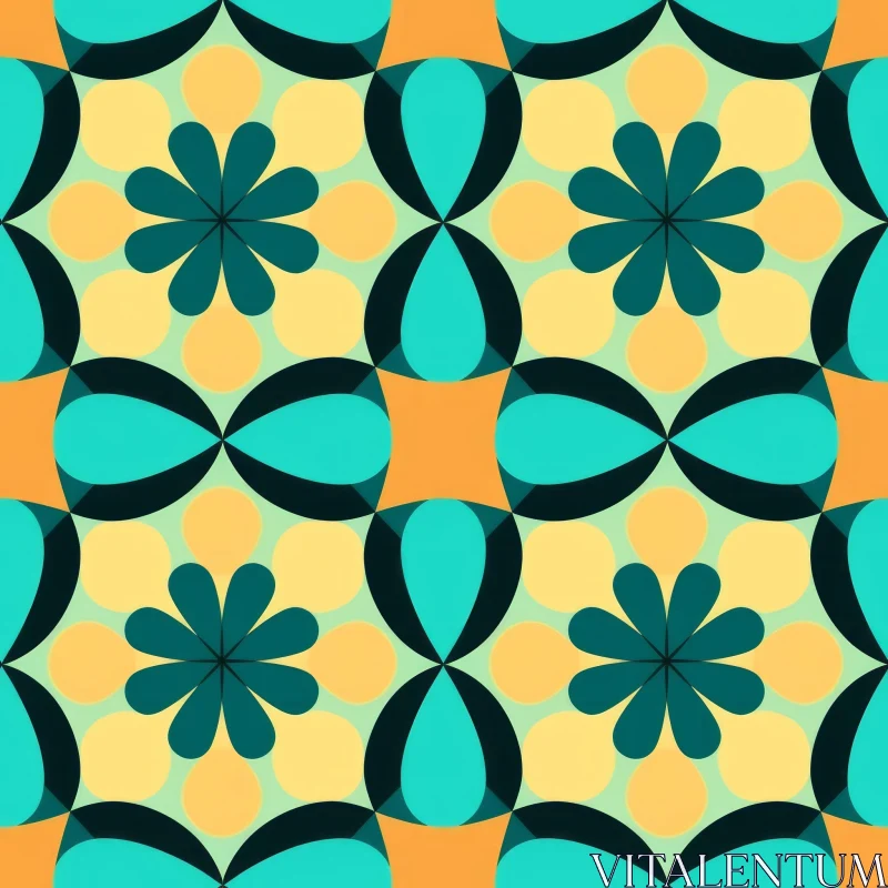 AI ART 70s Retro Flower Pattern in Teal and Yellow