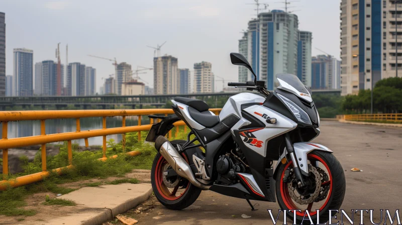 Black and White Motorcycle Parked on Sidewalk | Asian-Inspired Style AI Image