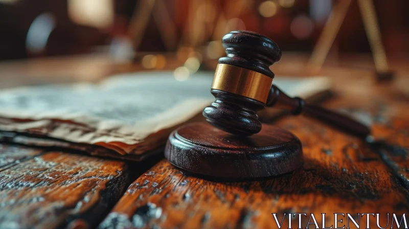 Captivating Close-Up: Gavel on Weathered Wooden Table AI Image