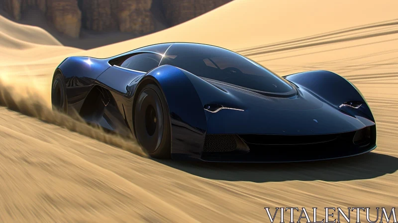 Dark Blue Futuristic Sports Car Racing in Desert - Speed and Thrill