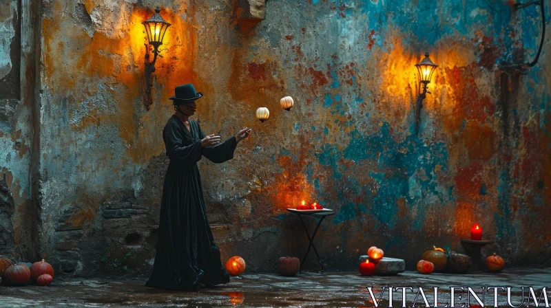 Enigmatic Woman Juggling Pumpkins in Dimly Lit Room AI Image