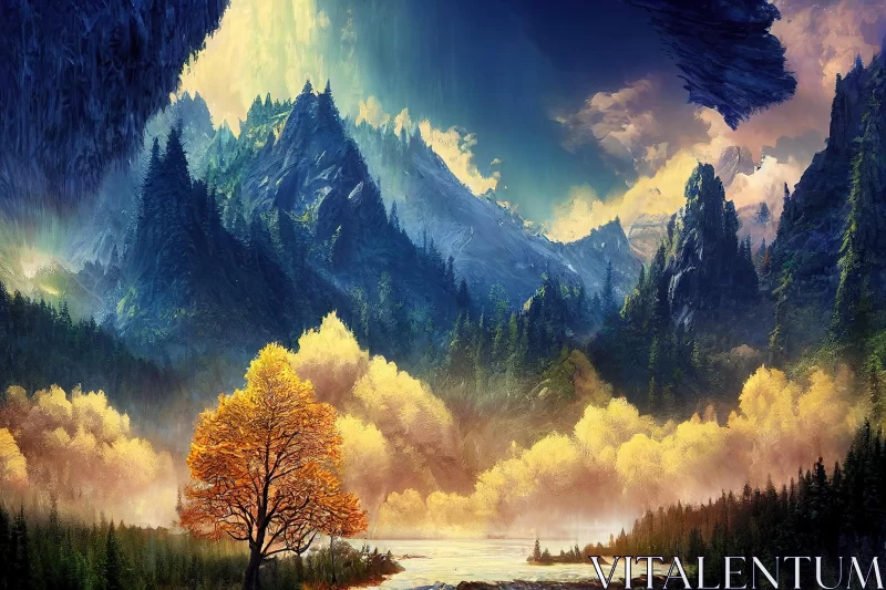 Ethereal Mountain Landscape Painting | Autumn Fantasy Scene AI Image