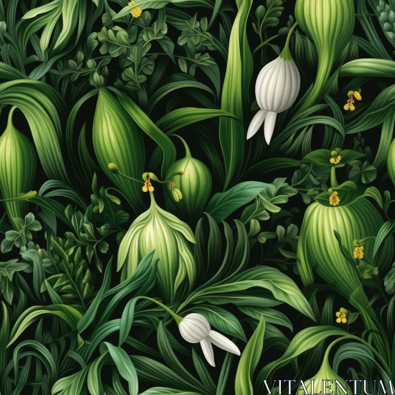 Intricate Green Leaves and White Flowers Pattern AI Image