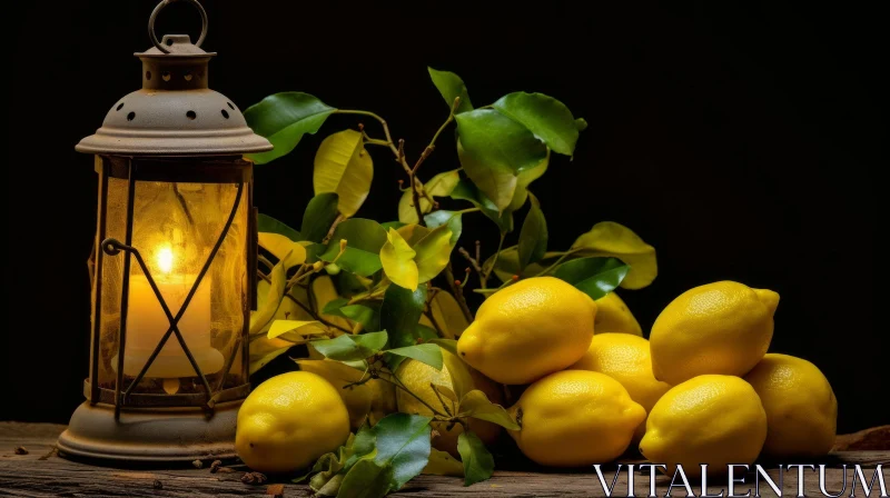 AI ART Lemons and Lantern Still Life on Wooden Table