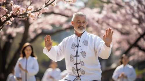 Man Practicing Tai Chi in Park with Cherry Blossoms