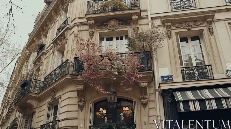 Parisian Building with a Pink Flowering Tree | Intricate Architecture AI Image