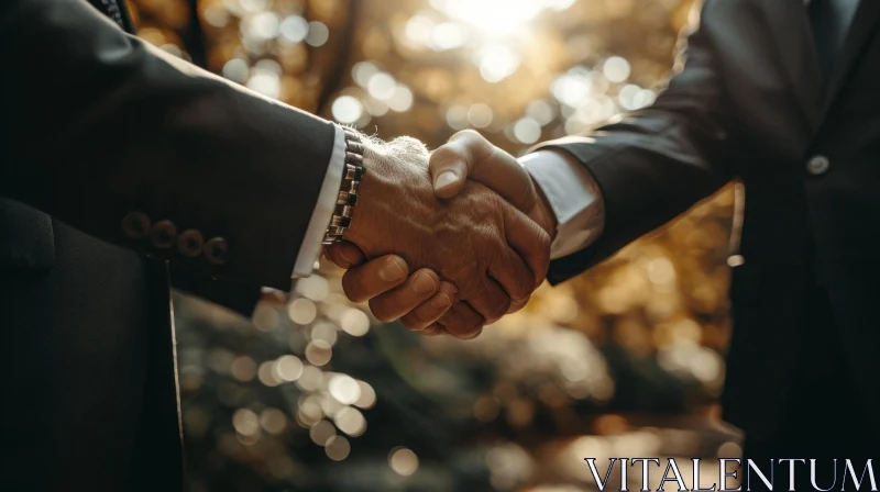 Professional Connection: Two Men in Suits Shake Hands Outdoors AI Image