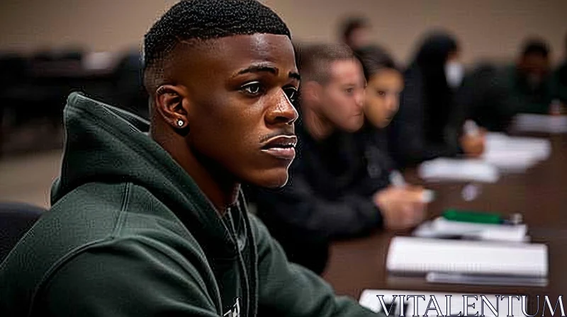 Serious African-American Man in Green Hoodie in Classroom AI Image