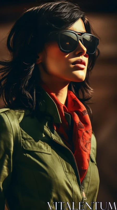Serious Young Woman in Green Jacket and Sunglasses AI Image