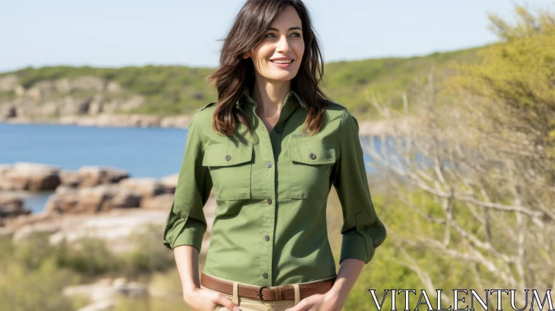 Smiling Woman in Nature by the Lake